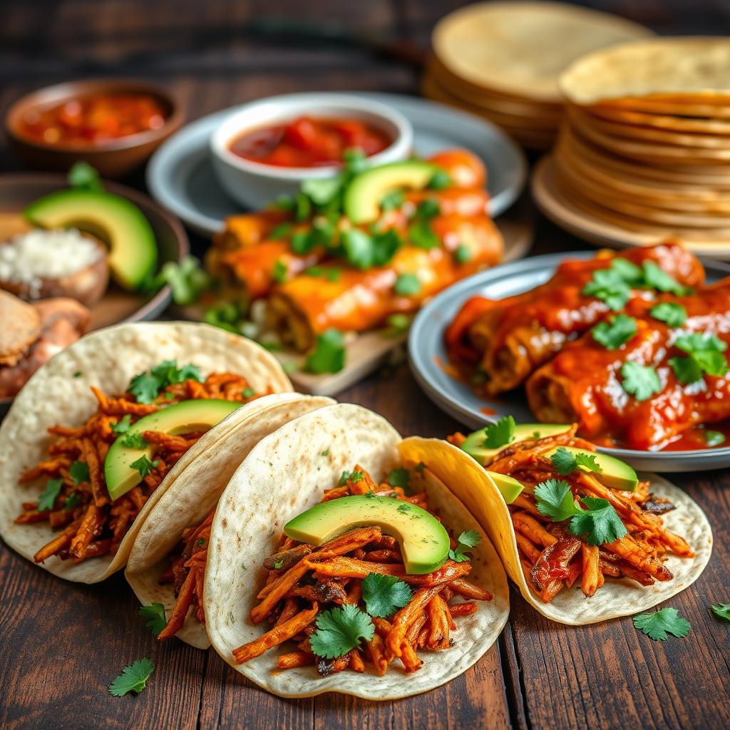 Vegan Mexican tacos with shredded plant-based filling, topped with avocado slices and cilantro, alongside enchiladas and dipping sauces, showcasing delicious plant-based recipes.
