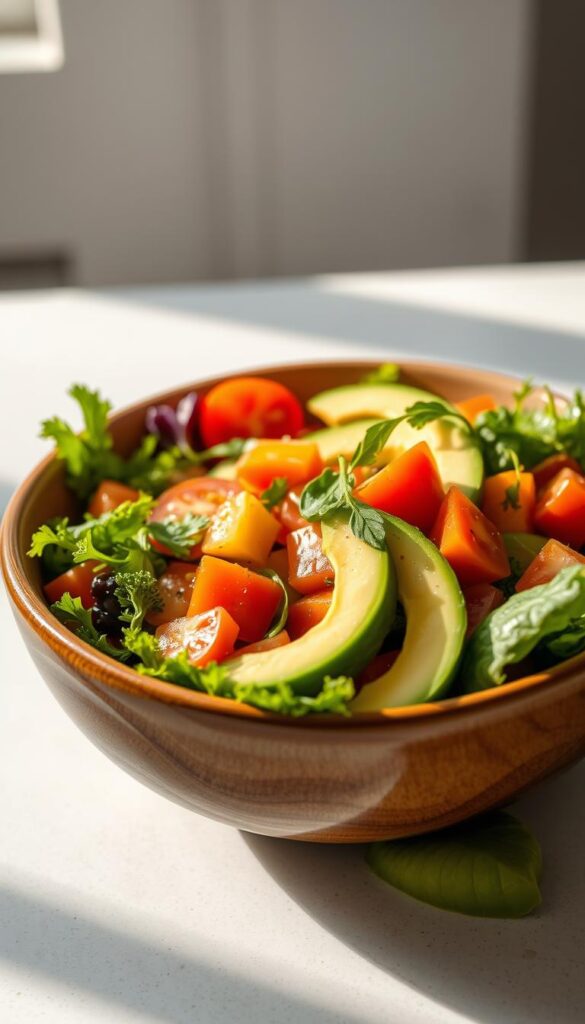 A beautifully crafted ceramic bowl, its smooth curves and natural hues reflecting the warmth of the sun. The bowl is filled with a vibrant medley of fresh greens, juicy tomatoes, crunchy carrots, and creamy avocado, creating a visually stunning and nourishing power salad. The lighting is soft and diffused, casting gentle shadows that accentuate the bowl's depth and texture. The background is blurred, allowing the focus to remain on the vibrant, healthy ingredients that will fuel your day with energy and vitality.