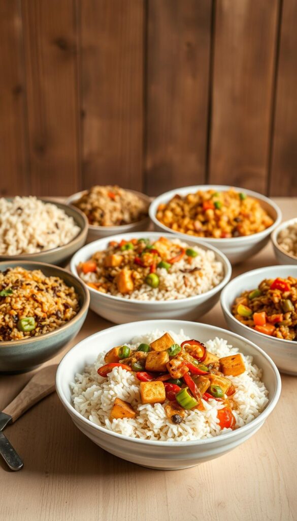 A bountiful arrangement of rice bowls, each a vibrant display of textures and flavors. In the foreground, a steaming bowl of fluffy white rice, adorned with tender grilled tofu, vibrant sautéed vegetables, and a drizzle of savory vegan sauce. Surrounding it, an array of complementary rice dishes: a fragrant coconut-infused jasmine rice, a hearty wild rice and quinoa blend, and a vibrant vegetable-packed biryani. Warm lighting casts a cozy glow, accentuating the inviting presentation. A rustic wooden backdrop provides a natural, earthy contrast, while the clean lines and minimalist styling convey a sense of simplicity and elegance. This serene, comforting scene captures the essence of a relaxed, nourishing vegan couples' meal.