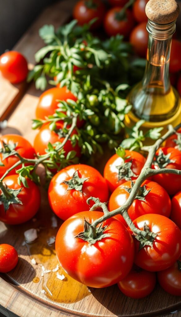 A bountiful array of ripe, juicy tomatoes freshly plucked from the garden, their rich crimson hues glistening under the warm afternoon sun. The tomatoes are arranged artfully on a rustic wooden tray, accompanied by fragrant herbs, a drizzle of olive oil, and a sprinkle of sea salt. The scene exudes a comforting, homely atmosphere, inviting the viewer to imagine the delicious, nourishing meal that will soon be prepared. The lighting is soft and diffused, casting a gentle glow over the scene, capturing the essence of a simple, yet satisfying, family-style dish. The composition is balanced, with the tomatoes taking center stage, surrounded by complementary elements that enhance their natural beauty.