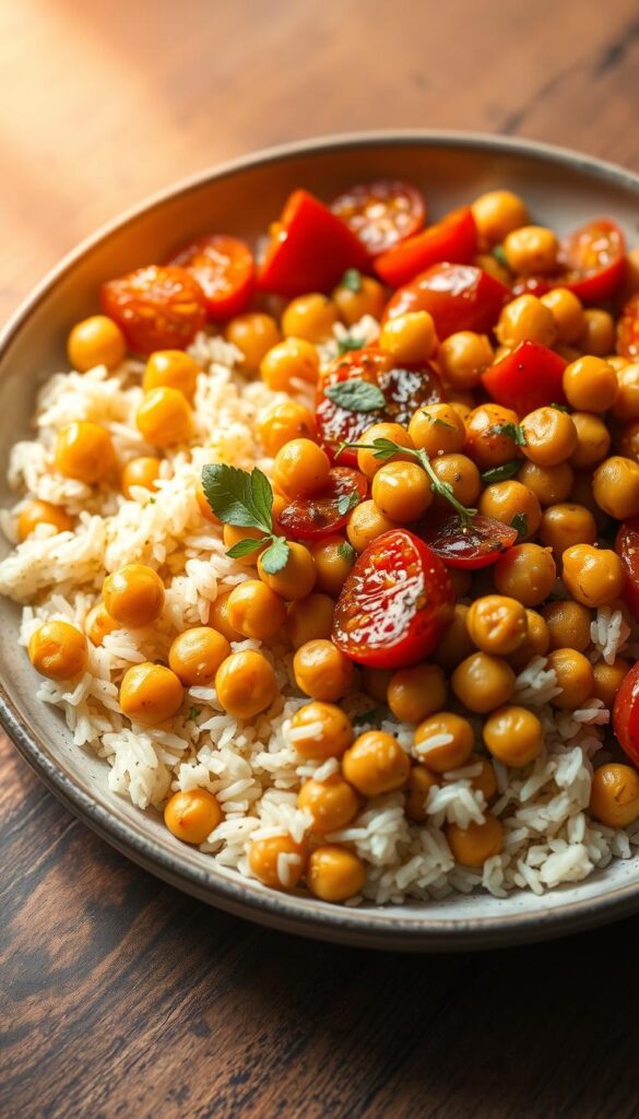 A bountiful plate of steaming chickpeas, roasted tomatoes, and fragrant basmati rice, bathed in a warm, earthy light. The chickpeas, plump and golden, mingle with juicy, sun-kissed tomatoes, their vibrant hues popping against the fluffy, pale rice. Delicate herbs and a drizzle of flavorful sauce add depth and complexity to this nourishing, flavor-packed main dish. The composition is balanced, with the textures and colors harmoniously intertwined, creating a visually appetizing and wholesome scene. A perfect embodiment of a satisfying, plant-based dinner that celebrates the rich flavors and health benefits of these simple, yet impactful ingredients.