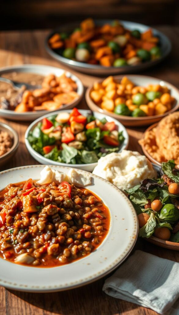 A bountiful spread of hearty vegan meals fills a rustic wooden table. In the foreground, a towering plate of savory lentil and vegetable stew, its rich broth glistening. Alongside, a generous serving of creamy mashed potatoes, their fluffy texture begging to be devoured. In the middle ground, a vibrant salad of leafy greens, juicy tomatoes, and crunchy roasted chickpeas, dressed in a tangy, homemade vinaigrette. In the background, a platter of roasted vegetables - sweet potatoes, Brussels sprouts, and carrots - caramelized to perfection. Warm, natural lighting casts a cozy glow over the scene, inviting the viewer to indulge in these hearty, nourishing vegan dishes.