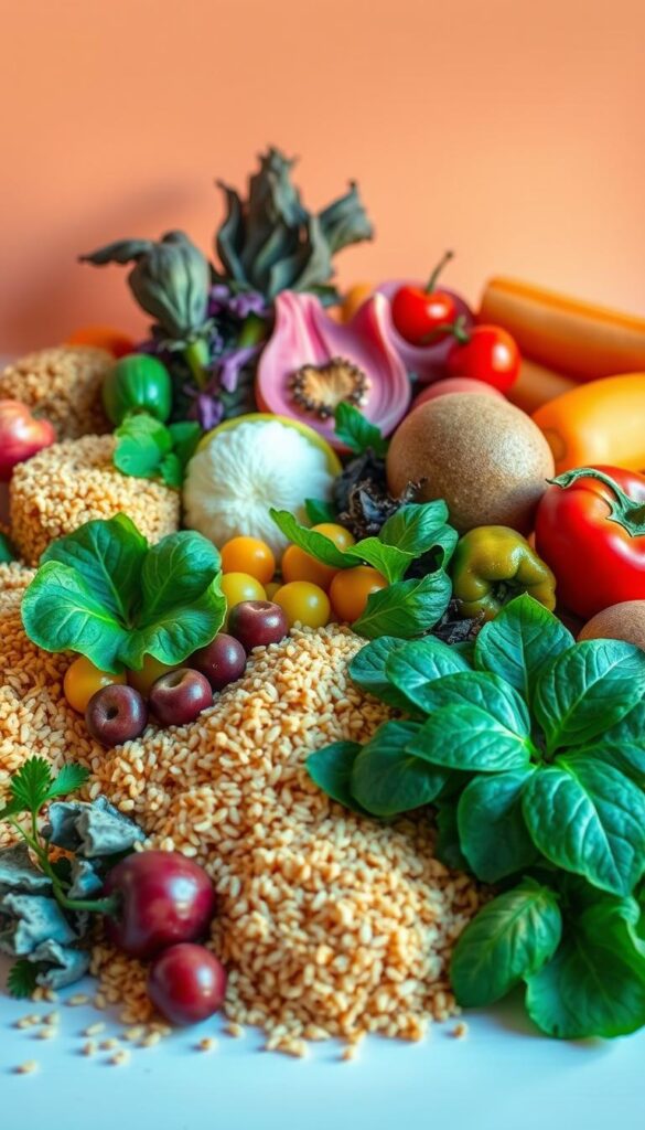 A bountiful still life of vibrant carbohydrate-rich foods, artfully arranged against a crisp, minimalist backdrop. In the foreground, a mouthwatering display of hearty whole grains - golden quinoa, nutty brown rice, and fluffy bulgur wheat. Interspersed are vibrant leafy greens, nutrient-dense vegetables, and an array of colorful fruits. The composition is bathed in warm, natural lighting, accentuating the rich textures and inviting hues. The overall mood is one of vitality, nourishment, and an abundance of plant-based energy - the perfect visual accompaniment to a section on carb-loading and recovery meals for athletes.
