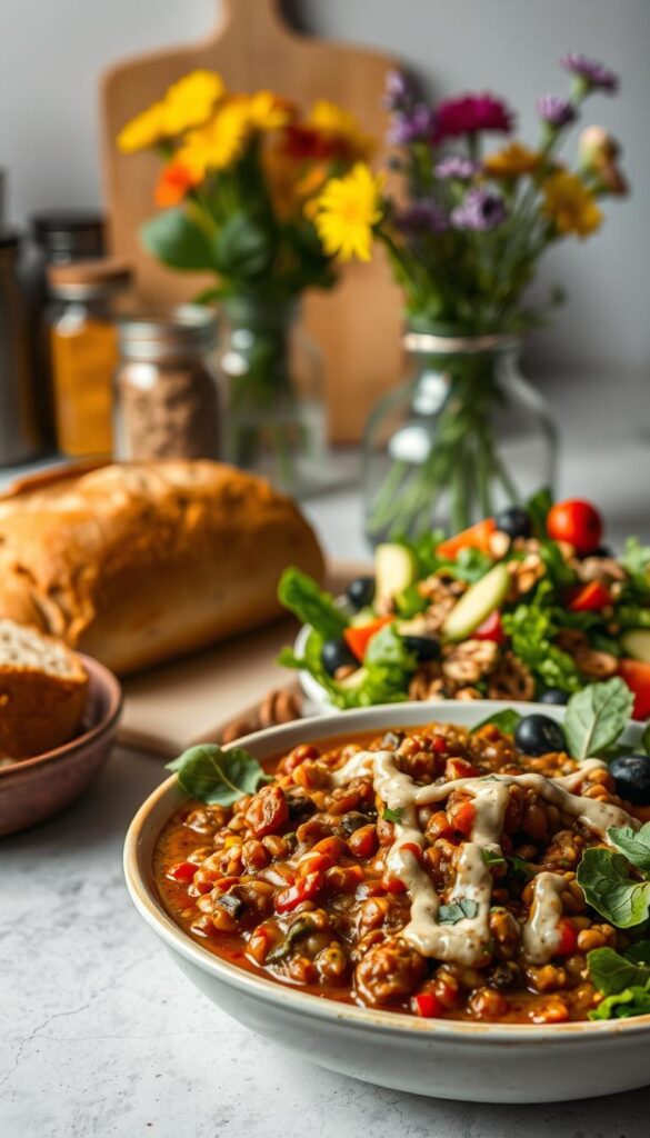 A bountiful vegan dinner plate set against a warm, cozy kitchen scene. In the foreground, a hearty bowl of lentil and vegetable stew, its rich, earthy tones complemented by vibrant leafy greens and a drizzle of creamy tahini dressing. Beside it, a fresh salad brimming with a colorful array of crisp vegetables, toasted nuts, and plump, juicy berries. In the middle ground, a crusty wholegrain bread loaf, its golden crust glistening under soft, diffused lighting. In the background, a tidy kitchen counter with jars of spices and herbs, a cutting board, and a vase of vibrant wildflowers, evoking a sense of nourishment and calm. The overall scene radiates warmth, comfort, and abundant plant-based nutrition.