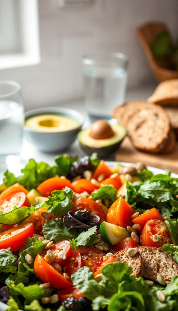 A bountiful vegan salad fills the foreground, featuring a vibrant mix of leafy greens, vibrant tomatoes, crunchy cucumbers, and colorful bell peppers. In the middle ground, a bowl of creamy avocado and a sprinkling of toasted pumpkin seeds add texture and nutrition. The background is a softly lit kitchen counter, with a glass of cool water and a side of crusty whole-grain bread, all captured in a natural, high-contrast lighting with a shallow depth of field, evoking a sense of nourishment and balance for the active, health-conscious runner.