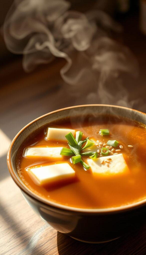 A bowl of steaming miso soup with slices of fresh tofu, scallions, and a sprinkle of sesame seeds. The miso broth has a rich, savory aroma, with a hint of umami from the soy sauce. The scene is bathed in warm, natural lighting, casting a soft, diffused glow on the ingredients. The composition is balanced, with the bowl positioned in the foreground, and the background blurred to emphasize the food. The overall mood is one of simplicity, nourishment, and a touch of Japanese minimalism.