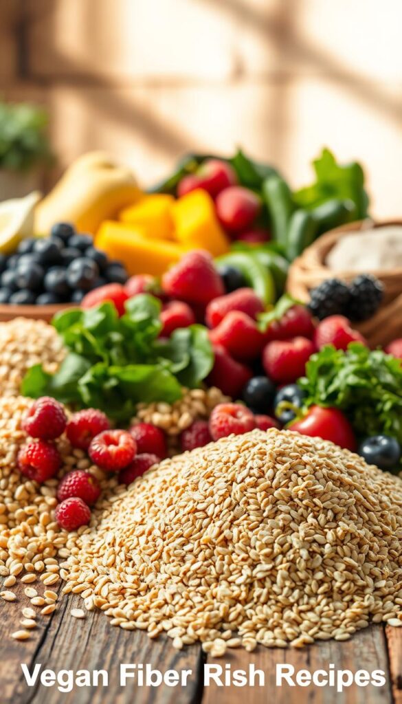 A close-up still life of an assortment of high-fiber vegan foods, artfully arranged on a rustic wooden surface. In the foreground, a variety of whole grains, such as quinoa, bulgur, and steel-cut oats, are neatly piled. In the middle ground, an array of colorful fruits and vegetables, including berries, leafy greens, and crunchy vegetables, are carefully placed. The background features a warm, natural lighting that casts gentle shadows, creating a cozy and inviting atmosphere. The overall composition emphasizes the abundance and nutritional value of these high-fiber vegan ingredients, perfectly complementing the "Vegan Fiber Rich Recipes" section of the article.