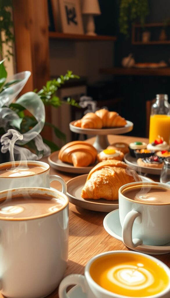 A cozy café setting with a variety of vegan B12-enriched drinks and desserts. In the foreground, steaming mugs of hot chocolate, matcha lattes, and turmeric-ginger tonics. Delicate swirls of foam and gentle steam rise from the cups. In the middle ground, an array of decadent plant-based treats - flaky croissants, rich chocolate tarts, and colorful fruit-filled pastries. The lighting is warm and soft, casting a golden glow over the scene. Hints of greenery and wooden accents create a welcoming, rustic atmosphere. The overall mood is one of comfort, indulgence, and nourishment.