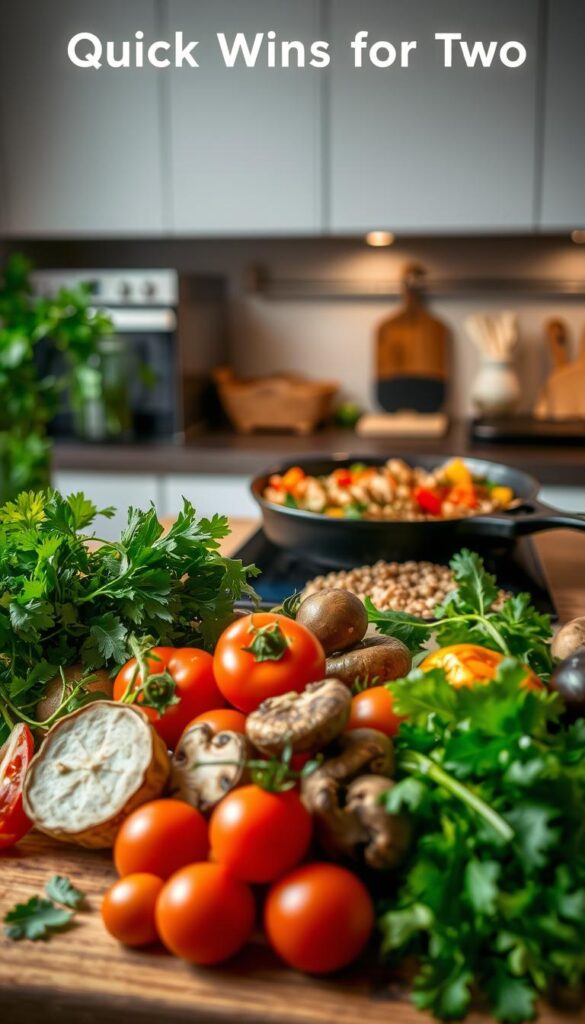 A cozy kitchen filled with the aroma of simmering vegetables and fragrant herbs. In the foreground, a variety of colorful, fresh produce - vibrant greens, juicy tomatoes, and earthy mushrooms - arranged on a wooden cutting board, ready to be transformed into a delectable vegan dish. In the middle ground, a cast-iron skillet sizzles with a plant-based protein, accompanied by a medley of seasoned grains. The background showcases a minimalist, modern kitchen with clean lines and warm, diffused lighting, creating an inviting atmosphere for a quick, nourishing 30-minute vegan dinner. A sense of simplicity, wholesomeness, and efficiency permeates the scene, perfectly capturing the essence of "Quick Wins for Two: 30-Minute Vegan Dinner Recipes".