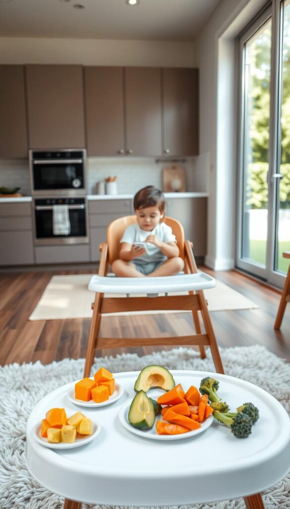 A cozy, modern kitchen interior with natural lighting. In the foreground, a wooden highchair stands upon a plush area rug, showcasing an array of colorful, freshly prepared vegan baby food on small plates - cubes of sweet potato, soft avocado slices, and finger-sized pieces of steamed broccoli and carrot. In the middle ground, a young parent sits cross-legged on the floor, engaged with their baby, guiding them to explore the textures and flavors. The background features sleek, minimalist cabinetry and a large window overlooking a lush, verdant backyard, creating a peaceful, nurturing atmosphere ideal for baby-led weaning.