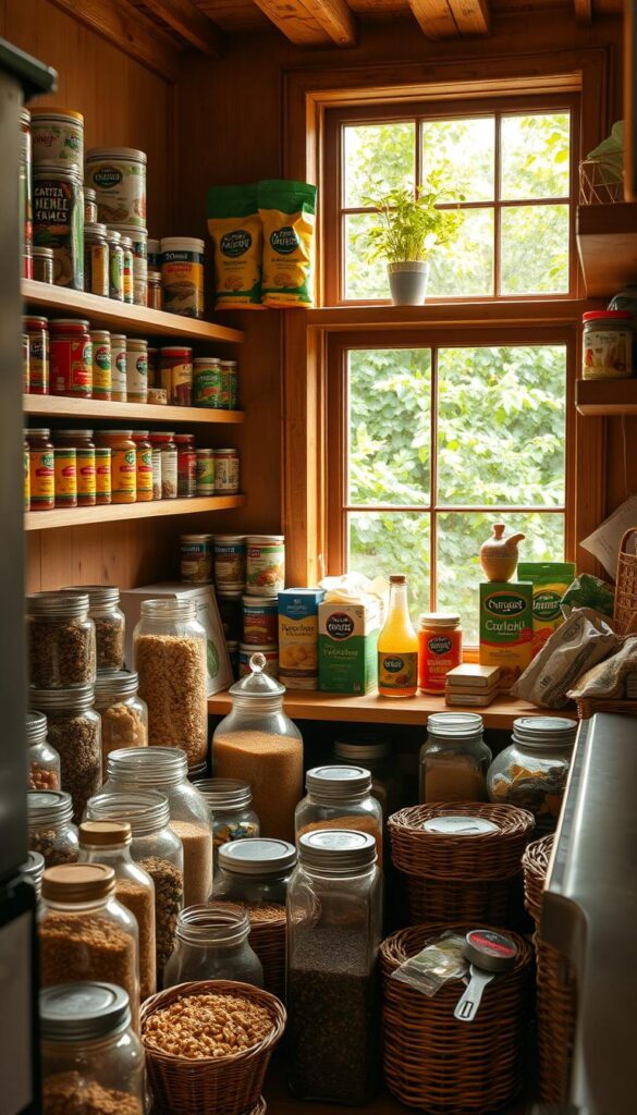 A cozy, well-stocked pantry in a warm, rustic kitchen. In the foreground, a collection of glass jars, canisters, and wicker baskets neatly arranged, revealing a variety of whole grains, legumes, spices, and dried fruits. Midground, shelves filled with colorful cans, boxes, and packages of vegan staples like pasta, sauces, and plant-based proteins. In the background, a window overlooking a lush, green garden, bathing the scene in soft, natural light. The overall atmosphere is one of organization, abundance, and a connection to wholesome, plant-based nourishment.