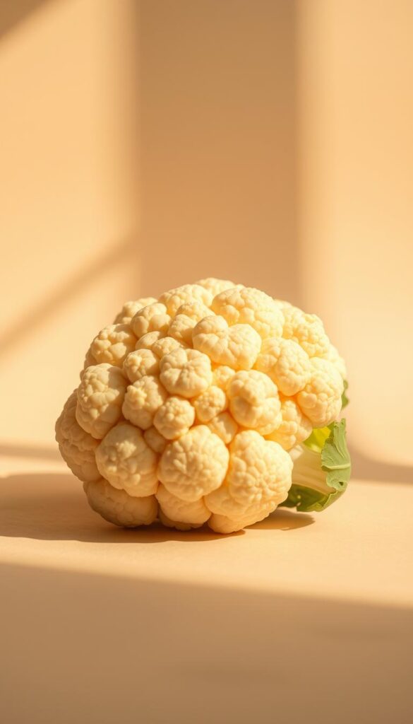 A crisp, fresh cauliflower floret set against a soft, muted background. The floret's intricate, fractal-like structure is illuminated by natural, warm lighting, casting gentle shadows that accentuate its textural details. The overall composition has a calming, serene atmosphere, evoking a sense of simplicity and wholesome nutrition. The image is captured from a slightly low angle, creating a slightly elevated perspective that highlights the cauliflower's inviting presence, making it the focal point of the frame.