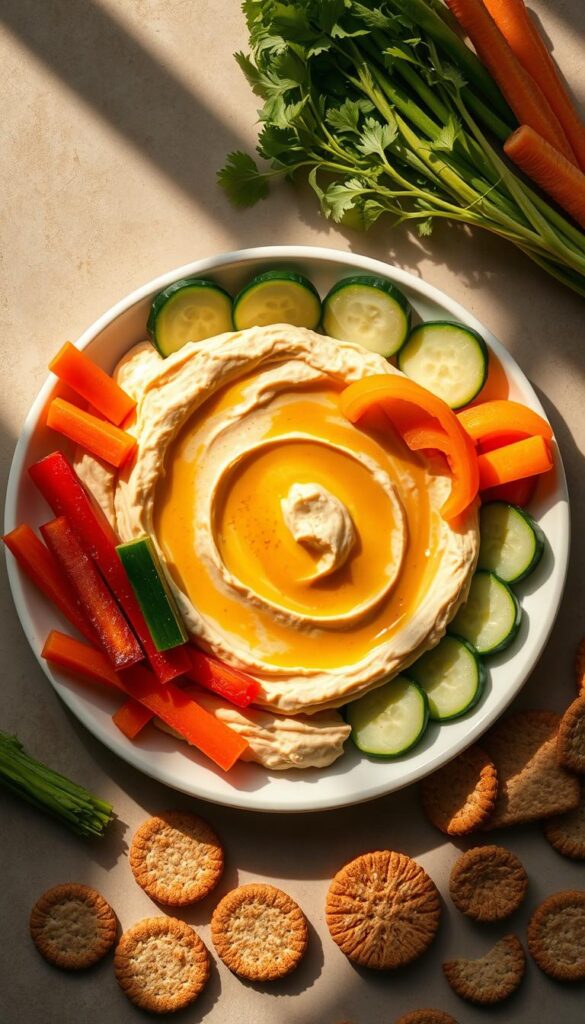 A delectable hummus plate takes center stage, artfully arranged with crisp cucumber slices, vibrant bell pepper strips, and crunchy carrot batons. The creamy hummus acts as a luscious canvas, while a scattering of whole grain crackers provides a textural contrast. The scene is bathed in warm, natural light, casting soft shadows and highlighting the vibrant colors of the fresh vegetables. The overall composition conveys a sense of wholesome, nourishing simplicity, perfectly suited for a toddler's midday meal or snack. A visually appealing and healthy vegan option that will delight both little ones and their parents.