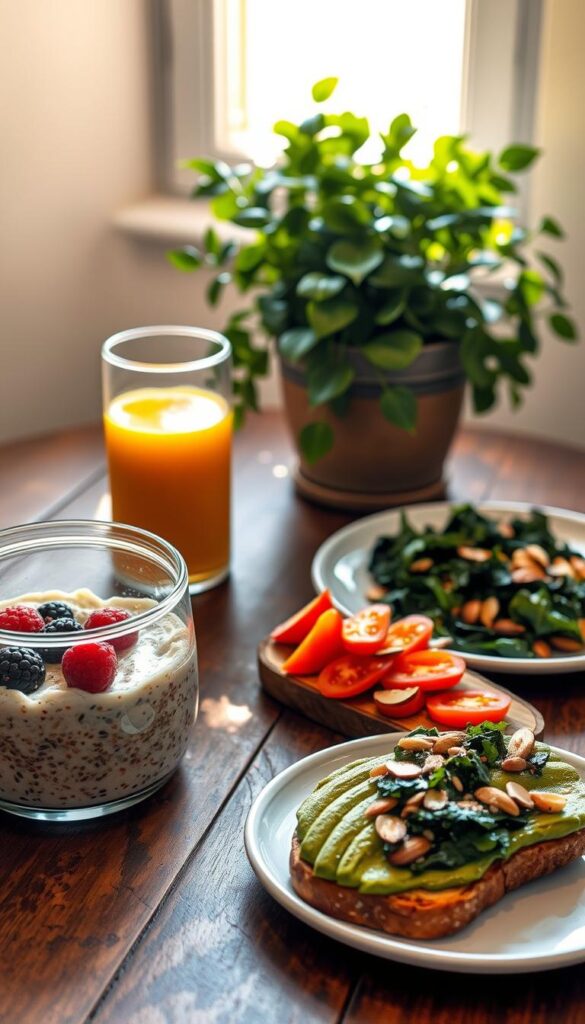 A delectable vegan performance breakfast on a rustic wooden table, beautifully lit by soft, warm morning sunlight. In the foreground, a hearty bowl of overnight oats with fresh berries, chia seeds, and a drizzle of maple syrup. Next to it, a glass of freshly squeezed orange juice and a slice of avocado toast, topped with sliced tomatoes and a sprinkle of sea salt. In the middle ground, a plate of roasted sweet potato hash with sautéed kale and toasted almonds. In the background, a lush, green potted plant adds a touch of vibrant nature to the scene. The overall atmosphere is one of nourishment, vitality, and a sense of fueling the body for an exceptional athletic performance.