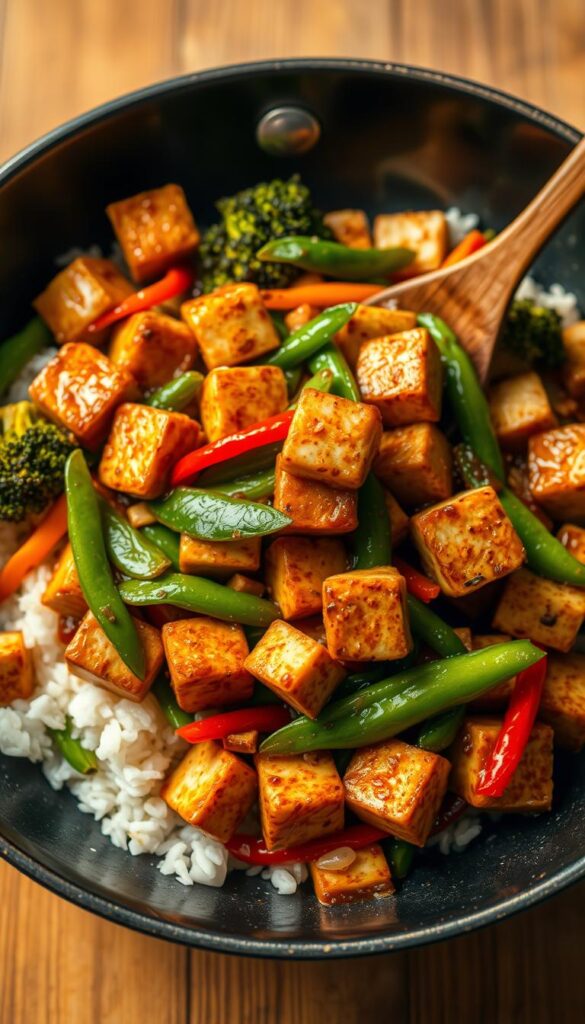 A delectable vegan tofu stir-fry, sizzling in a wok under warm, golden lighting. Cubes of firm tofu seared to perfection, tossed with crisp, colorful vegetables like broccoli, bell peppers, and snow peas. The sauce, a savory blend of soy, garlic, and ginger, glistens as it coats the ingredients. Steaming jasmine rice serves as the backdrop, ready to soak up every flavorful bite. The composition is balanced, the colors vibrant, inviting the viewer to imagine the satisfying crunch and umami notes of this healthy, low-carb meal.