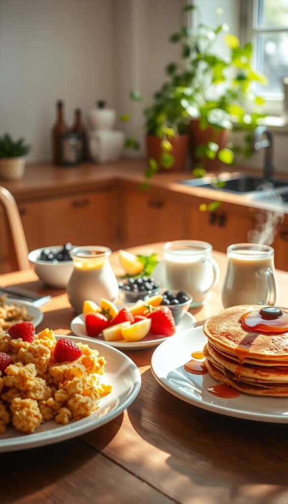 A delightful vegan breakfast scene, bathed in warm, natural light. In the foreground, a wooden table is set with a variety of vibrant, plant-based dishes - fluffy tofu scramble, crisp hash browns, juicy fruit skewers, and a stack of wholesome, golden-brown pancakes drizzled with maple syrup. The middle ground showcases a bowl of fresh berries, a pitcher of plant-based milk, and a steaming mug of aromatic herbal tea. In the background, a cheerful, minimalist kitchen with lush greenery spilling from the windowsill, creating a cozy, family-friendly atmosphere. The overall mood is inviting, nourishing, and sure to delight even the pickiest of young eaters.