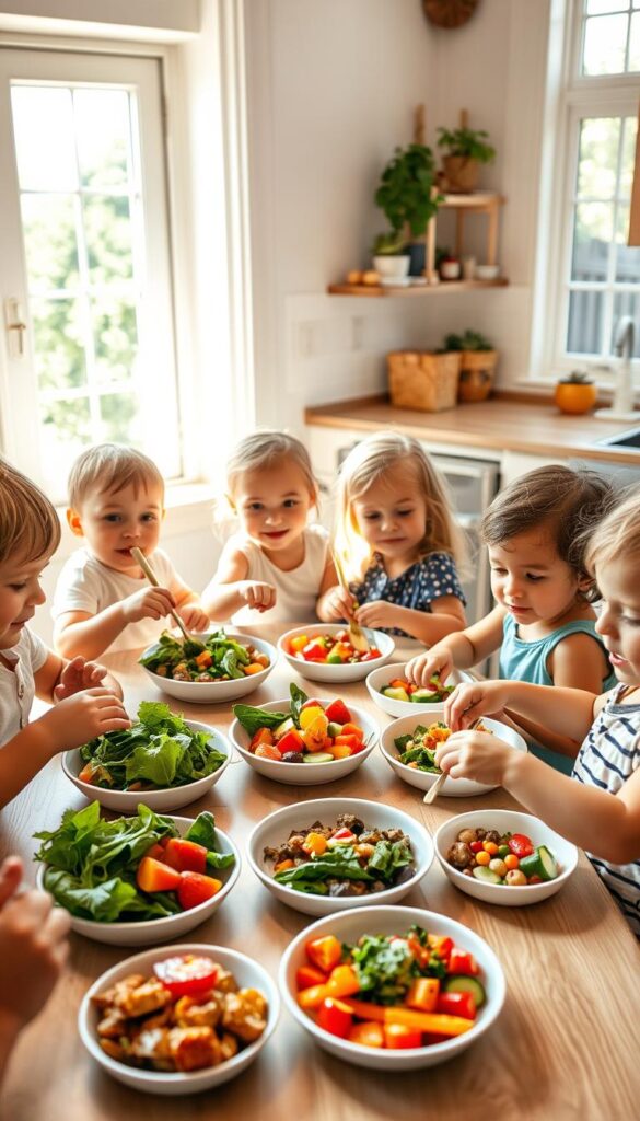 A group of young children, ages 2-6, sit around a table in a bright, airy kitchen. Sunlight streams through large windows, casting a warm glow on their faces as they eagerly dig into an assortment of colorful, plant-based dishes - leafy greens, vibrant vegetables, and fresh fruits. Their eyes sparkle with curiosity and delight as they explore the new flavors and textures, their small hands reaching out to sample the healthy bounty before them. The atmosphere is one of playful discovery, with the little ones giggling and chatting animatedly, their lively expressions capturing the joy of embracing a diverse, plant-based diet.
