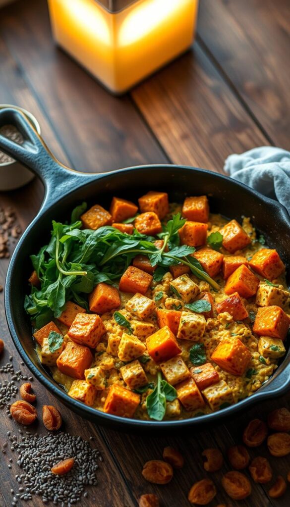 A hearty vegan breakfast tray with a cast iron skillet, filled to the brim with sizzling tofu scramble, roasted sweet potato cubes, and vibrant greens. Warm lighting from an overhead soft box casts a golden glow, highlighting the textural details. The skillet sits atop a rustic wooden table, with a selection of nutrient-dense ingredients like chia seeds, hemp hearts, and dried apricots arranged elegantly around it. The scene exudes a cozy, homemade atmosphere, inviting the viewer to savor this iron-rich and protein-packed start to the day.