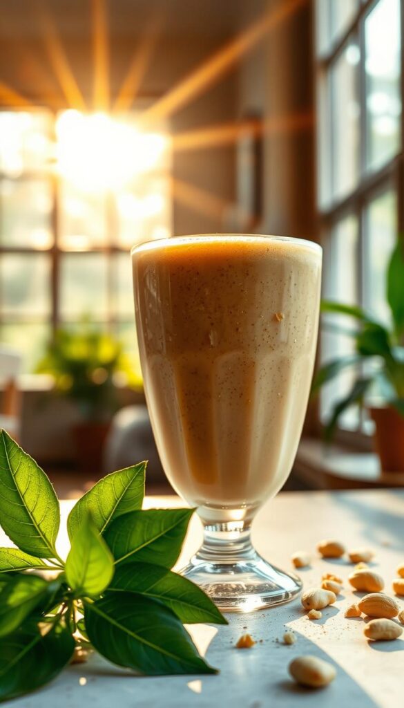 A luscious, creamy peanut butter smoothie fills the frame, its rich hue and frothy texture tempting the senses. Sunlight streams through a large window, casting a warm, golden glow and creating a cozy, inviting atmosphere. In the foreground, the smoothie is presented in a clear glass, showcasing its appetizing consistency. Vibrant green leaves and a sprinkle of crunchy peanuts add a touch of natural elegance, complementing the smoothie's indulgent nature. The background is softly blurred, allowing the star of the image - the decadent, high-calorie vegan smoothie - to take center stage and entice the viewer to savor its nourishing goodness.