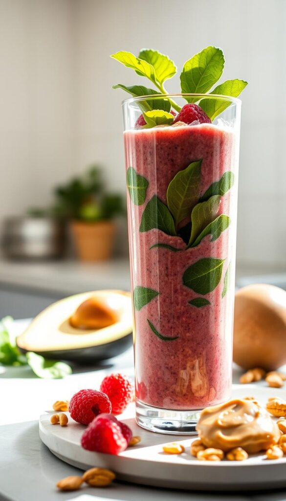 A luscious, protein-packed smoothie overflowing with fresh ingredients. In the foreground, a tall glass filled with a vibrant, creamy blend of leafy greens, berries, and plant-based protein powder. Sunlight filters through the glass, casting a warm, natural glow. In the middle ground, ripe avocado, crunchy nuts, and a dollop of nut butter accompany the smoothie. The background showcases a minimalist, serene kitchen counter, with clean lines and muted tones to highlight the nourishing, wholesome essence of the scene. Soft, diffused lighting creates a soothing, inviting atmosphere, conveying the overall sense of a healthy, energizing treat.