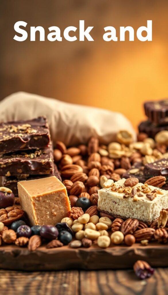 A mouthwatering assortment of high-calorie, nutrient-dense vegan snacks and treats, presented in a warm, inviting still life composition. In the foreground, an array of indulgent items, such as creamy peanut butter fudge, thick chocolate-covered energy bars, and luscious cashew-based cheesecake slices, arranged with care on a rustic wooden surface. The middle ground features a variety of nuts, seeds, and dried fruits, complementing the richer offerings. In the background, a gentle, golden-hued lighting illuminates the scene, creating a cozy, comforting atmosphere. The overall impression is one of decadence and nourishment, perfectly capturing the essence of the "Snack and Dessert Ideas When You're Looking to Gain Weight" section of the article.