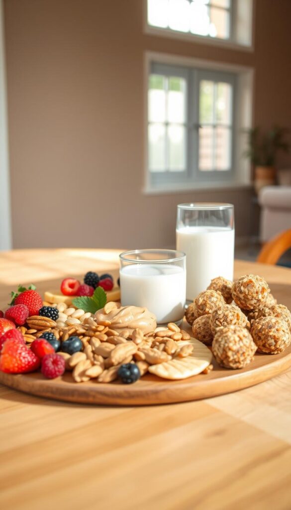 A neatly arranged vegan snack platter on a wooden table, illuminated by soft natural light filtering through a window. In the foreground, an assortment of colorful plant-based treats - juicy berries, crunchy nuts, creamy nut butter, and chewy energy bites. The middle ground features a glass of refreshing plant-based milk, complementing the snacks. The background depicts a minimalist, earthy-toned interior, creating a calming, nourishing atmosphere. The composition showcases the vibrant, protein-rich ingredients that can fuel muscle growth on a plant-based diet.