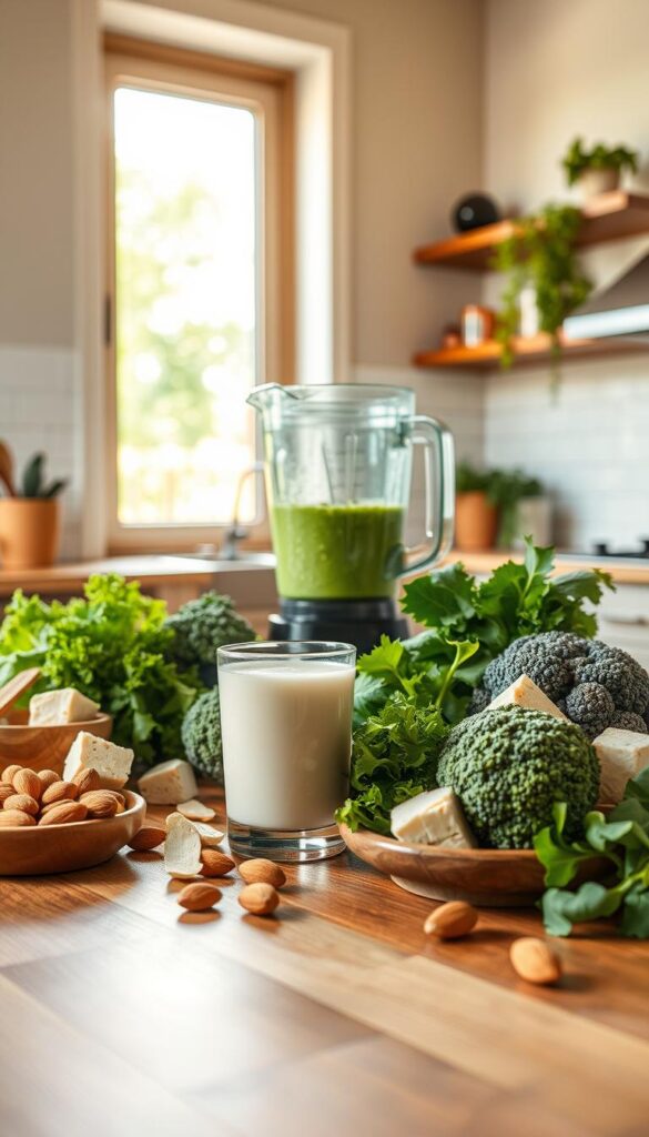 A serene kitchen scene with an array of calcium-rich vegan ingredients prominently displayed on a wooden table. In the foreground, a glass of calcium-fortified plant-based milk, surrounded by a variety of leafy greens, broccoli florets, tofu cubes, and a handful of almonds. The middle ground features a blender filled with a nutrient-dense smoothie, its vibrant green hue a testament to its calcium-packed contents. In the background, a warm, natural lighting filters in through a large window, casting a soft glow over the scene. The overall mood is one of health, vitality, and a balanced, plant-based approach to meeting daily calcium needs.