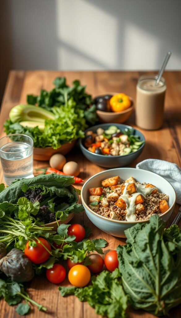 A simple vegan meal plan for a balanced day, artfully composed on a warm, wooden table. In the foreground, an array of fresh produce - vibrant leafy greens, crisp vegetables, and colorful fruits. In the middle ground, a hearty grain bowl with roasted tofu, quinoa, and a drizzle of creamy dressing. Complementing the scene, a glass of refreshing water and a smoothie cup, all bathed in soft, natural lighting that creates a comforting, nourishing atmosphere. The image exudes a sense of wholesome, plant-based goodness, inviting the viewer to savor a delicious and nutritious vegan meal.