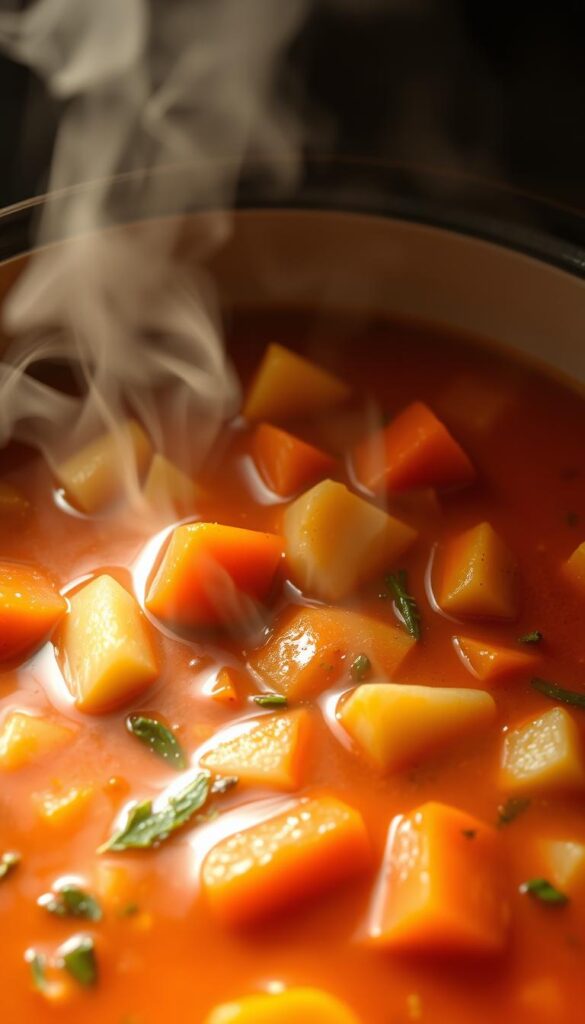 A steaming bowl of vegan vegetable soup, its surface glistening with a light sheen of golden olive oil. Chunky pieces of organic carrots, potatoes, and celery float amidst a rich, tomato-based broth infused with aromatic herbs and spices. Wispy tendrils of steam rise from the bowl, creating a cozy, inviting atmosphere. The lighting is soft and warm, casting a gentle glow on the scene and evoking a sense of comfort and nourishment. The camera angle is slightly elevated, allowing the viewer to peer into the bowl and appreciate the depth and texture of the soup. The overall mood is one of soothing simplicity, perfectly capturing the essence of a wholesome, comforting dish that supports a gentle detox.
