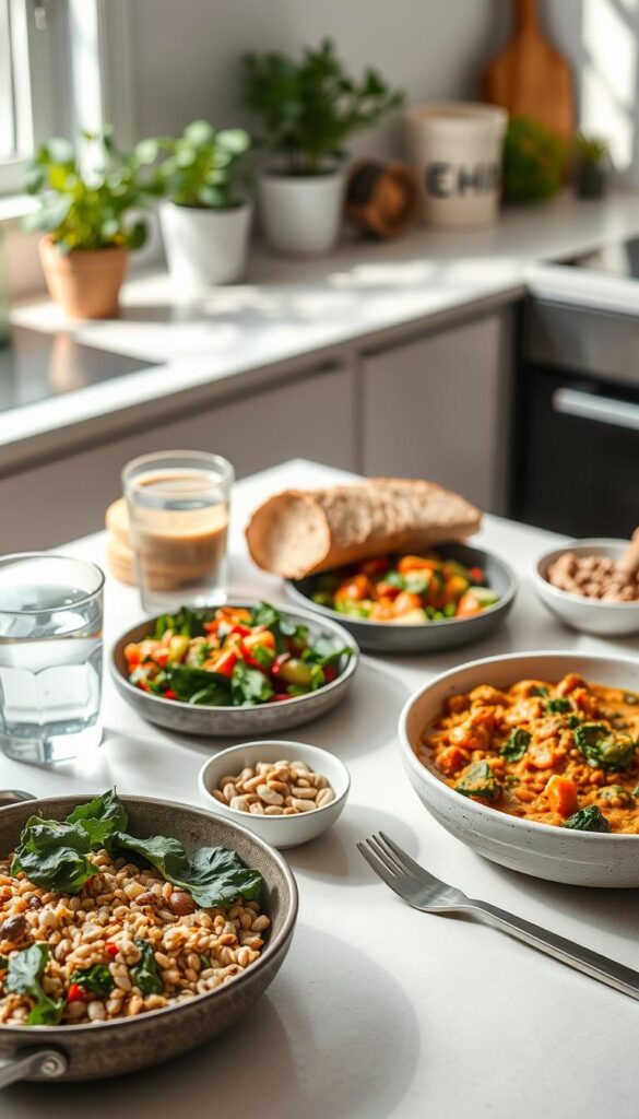 A stylish and minimalist table setting showcasing a variety of simple, yet delicious vegan dinner options. In the foreground, an assortment of plant-based dishes including a hearty grain bowl with sautéed greens, a colorful vegetable stir-fry, and a creamy lentil and sweet potato curry. In the middle ground, freshly baked whole grain bread, a glass of chilled water, and a small bowl of nuts and seeds - natural sources of ALA omega-3 fatty acids. The background features a clean, uncluttered kitchen counter with potted herbs and natural light streaming in through a window, creating a warm, inviting atmosphere. The overall composition emphasizes the simplicity and nutritional value of these vegan dinner options.