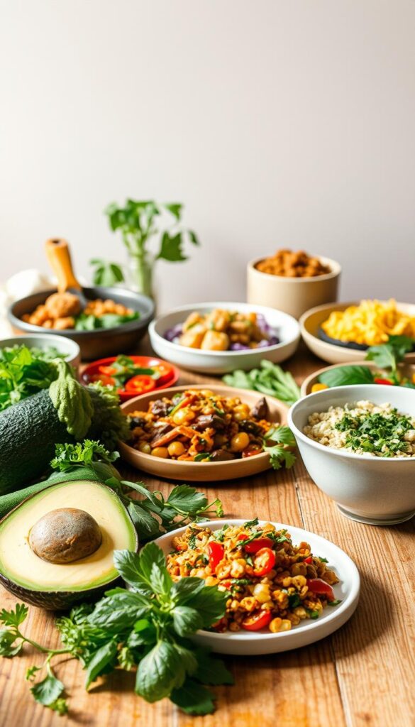 A tantalizing array of vibrant, plant-based dishes set against a minimalist, serene backdrop. In the foreground, an assortment of vegan keto-friendly ingredients including avocado, cauliflower, zucchini, and fresh herbs, artfully arranged on a wooden table. The middle ground features a selection of delectable vegan keto recipes, their textures and colors captured in mouthwatering detail, inviting the viewer to explore their nutritious and delicious possibilities. The background is a soft, neutral tone, allowing the culinary creations to take center stage. Diffused natural lighting casts a warm, inviting glow, elevating the overall mood and emphasizing the healthy, guilt-free nature of these vegan keto dishes.