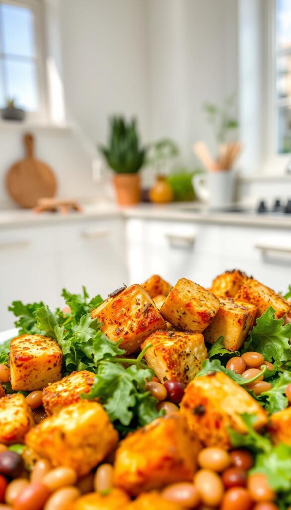 A tantalizing tofu lunch set against a bright, sun-drenched kitchen. In the foreground, a platter of crispy, golden-brown tofu cubes, seasoned to perfection. Surrounding them, a vibrant array of leafy greens, including kale, spinach, and arugula, their colors a lush green tapestry. In the middle ground, a scatter of protein-rich legumes, such as kidney beans and lentils, adding depth and texture. The background features a minimalist, airy space, with natural light streaming in through large windows, casting a warm, inviting glow. The overall scene exudes a sense of health, vitality, and a celebration of plant-based nutrition.