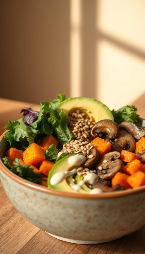 A vibrant, appetizing bowl filled with a hearty mix of colorful, nutrient-rich vegan ingredients. The foreground features a wide, shallow ceramic bowl brimming with a visually appealing arrangement of steamed vegetables, including leafy greens, roasted sweet potatoes, sautéed mushrooms, and creamy avocado slices. The middle ground showcases a sprinkle of toasted seeds and a drizzle of a creamy, plant-based dressing. The background has a warm, natural lighting that casts a soft, inviting glow, highlighting the fresh, wholesome qualities of the bowl's contents. The overall composition and mood evoke a sense of nourishment, balance, and a desire to savor a delicious, satisfying vegan meal.