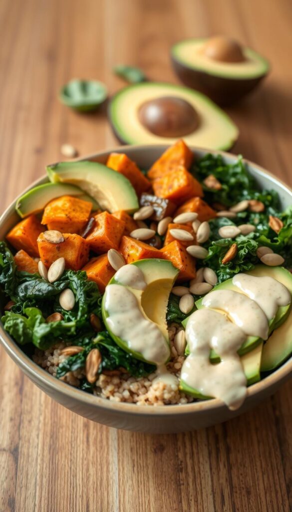 A vibrant, appetizing vegan lunch bowl filled with a hearty mix of colorful, nutrient-dense ingredients. In the foreground, a base of quinoa or brown rice is topped with sautéed kale, roasted sweet potato cubes, sliced avocado, and a scattering of toasted pumpkin seeds. The middle ground showcases a creamy, anti-inflammatory tahini-lemon dressing drizzled over the bowl. In the background, a wooden table sets the scene, with a clean, natural light illuminating the scene from the side. The overall mood is one of wholesome, nourishing goodness - a delicious, inflammation-fighting meal ready to be savored.