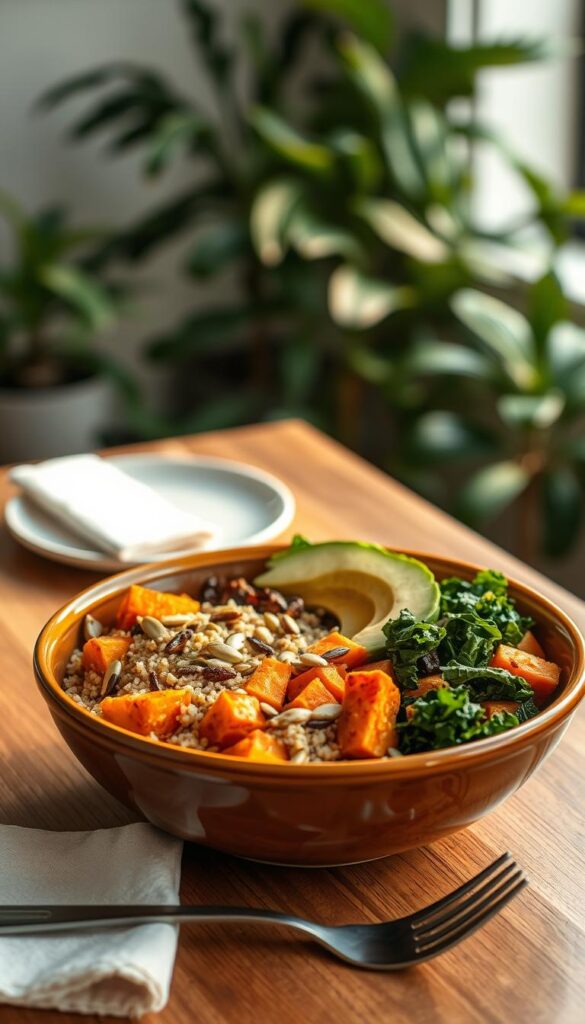 A vibrant, appetizing vegan power bowl featuring a medley of nourishing ingredients. In the foreground, a large, glossy ceramic bowl brimming with quinoa, roasted sweet potato cubes, sautéed kale, sliced avocado, and a sprinkle of toasted pumpkin seeds. The lighting is warm and natural, casting a soft glow on the textures and vibrant colors. In the middle ground, a wooden table surface with a minimalist place setting - a simple white napkin and a sturdy fork. The background is blurred, hinting at a serene, plant-filled environment, creating a calming, healthy atmosphere. The overall composition exudes a sense of balance, wholesomeness, and culinary artistry, perfect for fueling an active, plant-based lifestyle.