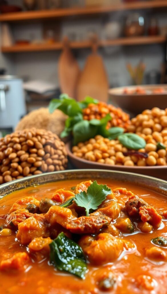 A vibrant, aromatic curry dish in the foreground, brimming with earthy spices and tender vegetables. The rich, creamy sauce gently simmers, beckoning the viewer to indulge. In the middle ground, a colorful array of iron-rich ingredients such as lentils, spinach, and chickpeas. The background showcases a cozy, rustic kitchen setting, with warm lighting and wooden accents. The overall scene conveys a sense of nourishment, wholesome comfort, and a celebration of vegan, iron-packed goodness.