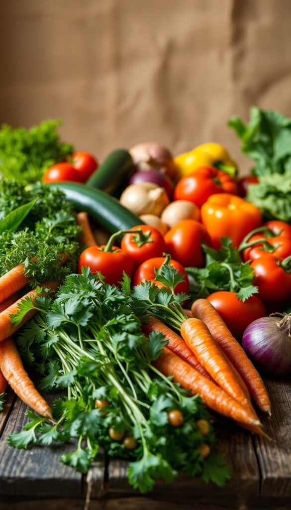 A vibrant arrangement of fresh, colorful vegetables on a rustic wooden table. In the foreground, an array of crisp greens, vibrant carrots, and plump tomatoes, illuminated by soft, natural lighting. The middle ground features a mix of zucchini, bell peppers, and onions, their textures and hues complementing each other. In the background, a subtle backdrop of earthy tones, perhaps a textured linen or a wooden wall, creating a warm and inviting atmosphere. The overall composition evokes a sense of simplicity, health, and the joy of home-cooked, plant-based meals.