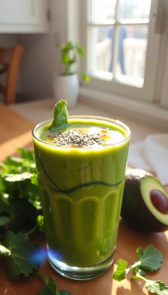 A vibrant green smoothie swirling with leafy kale, crisp spinach, and a touch of ripe avocado. The creamy blend is accented by a sprinkle of chia seeds and a drizzle of honey, casting a warm, golden glow. Sunlight streams in through a kitchen window, illuminating the glass container and creating a refreshing, inviting atmosphere. The smoothie appears to be freshly prepared, with a frothy texture and a lively, nourishing essence that epitomizes an energizing breakfast for a healthy vegan cleanse.