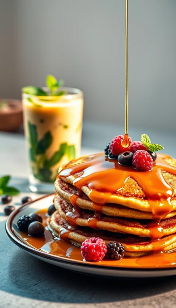 A vibrant, high-contrast image of a mouth-watering, high-protein vegan breakfast. In the foreground, a plate overflows with a hearty stack of fluffy, golden-brown protein pancakes, drizzled with thick, glossy maple syrup and topped with a scattering of juicy berries. Alongside, a glass filled to the brim with a creamy, nutrient-dense protein smoothie, swirled with vibrant greens and garnished with a sprig of fresh mint. In the background, a clean, minimalist kitchen setting, bathed in warm, natural lighting that highlights the textures and colors of the nourishing meal. The overall scene exudes a sense of balance, vitality, and culinary mastery, perfectly capturing the essence of a high-protein, plant-based breakfast that fuels muscle growth and energy.