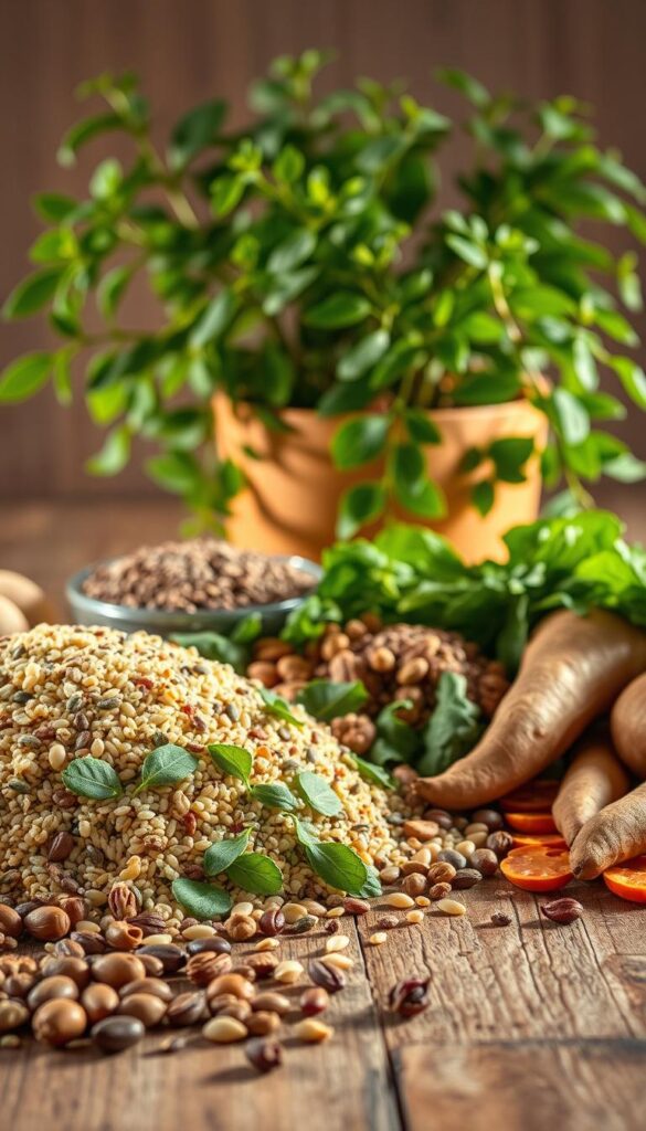 A vibrant still life composition showcasing a variety of nutrient-rich, plant-based performance ingredients. In the foreground, an assortment of whole foods including quinoa, lentils, leafy greens, chia seeds, and sweet potatoes are neatly arranged on a rustic wooden table. The middle ground features a scattering of nuts, seeds, and dried fruits, casting soft shadows. In the background, a lush, verdant potted plant provides a natural, earthy backdrop, illuminated by warm, diffused lighting. The overall scene exudes a sense of vitality, balance, and health - capturing the essence of fueling plant-based athletic performance.