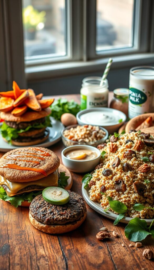 A vibrant still life of a variety of high-calorie vegan foods, artfully arranged on a rustic wooden table. In the foreground, a stack of hearty veggie burgers with caramelized onions and creamy avocado slices. Alongside, a platter of roasted sweet potato wedges dusted with cinnamon and a drizzle of maple syrup. In the middle ground, a large bowl of protein-packed quinoa salad with sautéed mushrooms, toasted nuts, and a creamy tahini dressing. In the background, a selection of nutrient-dense superfoods like chia pudding, almond butter, and a glass of fortified non-dairy milk. Soft, natural lighting from a nearby window creates a warm, inviting ambiance. The scene evokes a sense of abundance and nourishment, highlighting the diverse range of high-calorie vegan foods that can support healthy weight gain.