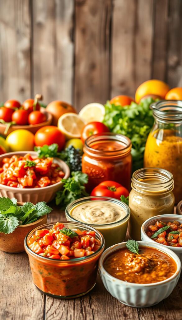 A vibrant still life showcasing an array of delectable vegan salsas, sauces, and dressings. In the foreground, an assortment of colorful bowls and jars filled with chunky tomato salsa, creamy avocado dressing, and fragrant herb-infused vinaigrette. In the middle ground, a variety of fresh produce - ripe tomatoes, crisp greens, and juicy citrus fruits - arranged artfully, hinting at the versatility of these flavorful condiments. The background features a rustic wooden table, lit by soft, natural lighting that casts a warm, inviting glow over the scene. The overall composition evokes a sense of freshness, simplicity, and culinary mastery, perfectly capturing the essence of the "Salsas, Sauces, and Dressings to Level Up Flavor" section.