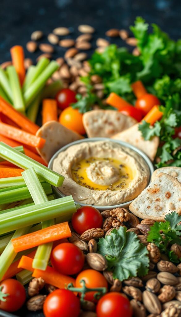 A vibrant still life showcasing an assortment of healthy, anti-inflammatory vegan snacks. In the foreground, a variety of fresh vegetables, such as crisp celery sticks, crunchy carrot slices, and juicy cherry tomatoes, are artfully arranged. In the middle ground, a creamy hummus dip is surrounded by lightly toasted pita wedges. In the background, a scattering of roasted nuts and seeds, including almonds, walnuts, and pumpkin seeds, add a satisfying crunch. The lighting is soft and natural, highlighting the vibrant colors and textures of the ingredients. The overall composition conveys a sense of nourishment, balance, and a celebration of wholesome, plant-based goodness.