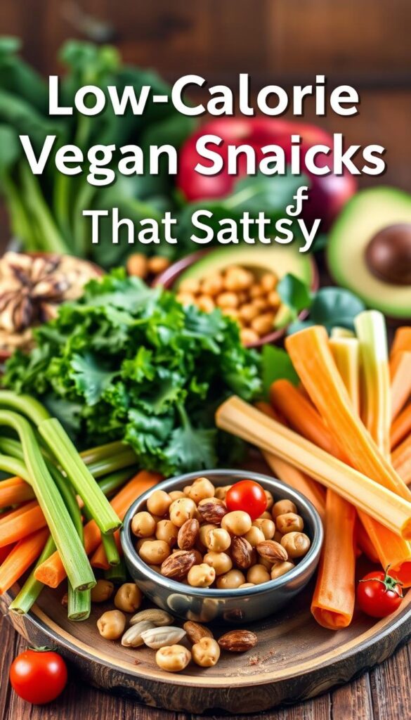 A visually appealing still life arrangement of various low-calorie vegan snacks, captured in warm, natural lighting. In the foreground, an assortment of fresh vegetables such as carrot sticks, celery stalks, and cherry tomatoes, artfully arranged on a rustic wooden board. In the middle ground, a small bowl of roasted chickpeas, sprinkled with spices, and a handful of raw nuts, such as almonds and cashews. In the background, a vibrant array of leafy greens, including kale and spinach, along with a few slices of avocado. The overall composition exudes a sense of health, balance, and simplicity, perfectly capturing the essence of "Low-Calorie Vegan Snacks That Satisfy".