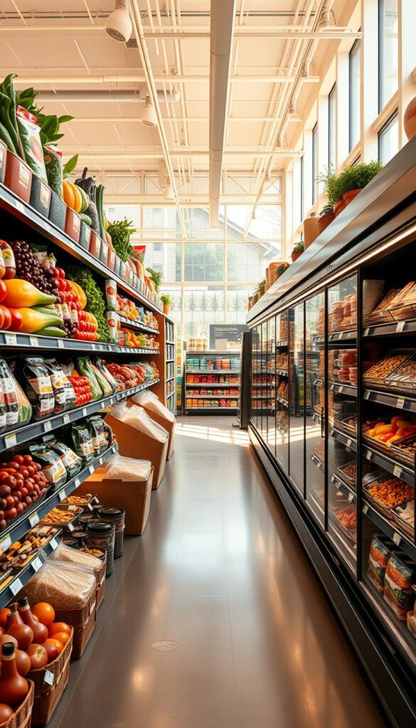 A well-lit, airy grocery store aisle, filled with a vibrant assortment of healthy, whole food vegan staples. Gleaming shelves stocked with colorful fresh produce, rows of bulk bins brimming with grains, legumes, and nuts, refrigerated sections showcasing plant-based dairy and meat alternatives. Warm, natural lighting filters in through large windows, casting a soft glow on the scene. The atmosphere is calm and inviting, encouraging mindful exploration of nutrient-dense vegan options to support senior health. A wide, uncluttered walkway allows for easy navigation, facilitating a pleasant shopping experience.