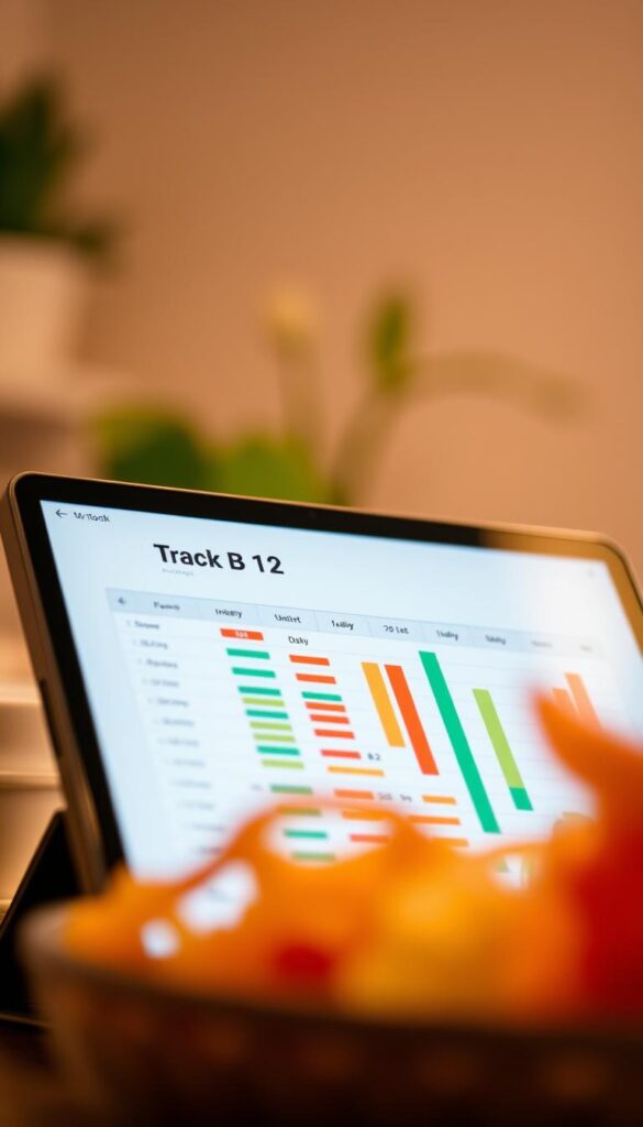 A well-lit, close-up photograph of a digital display showing a nutrition tracking app or spreadsheet with a section dedicated to "Track B12 Intake". The display shows a clear visual representation of daily B12 intake, with color-coded bars or graphs indicating the user's progress. The foreground is in sharp focus, with a clean and minimalist interface design. The background is blurred, creating a soft, warm atmosphere that suggests a cozy, domestic setting. The overall image conveys a sense of organization, control, and a commitment to a balanced, healthy diet.
