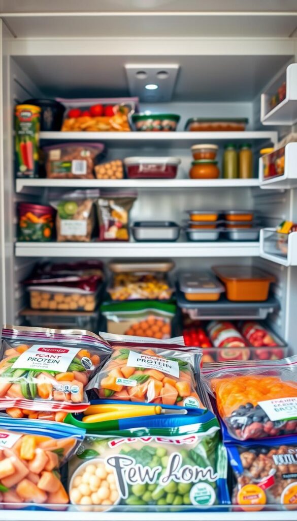A well-stocked freezer filled with colorful, nutritious vegan staples, ready to nourish a busy new mom. In the foreground, vibrant packages of plant-based proteins, frozen fruits and veggies, homemade broths, and pre-portioned meals. The middle ground showcases a sleek, modern freezer interior, shelves organized with precision. Soft, natural lighting illuminates the scene, creating a warm, inviting atmosphere. The background fades into a serene, minimalist kitchen, hinting at the wholesome meals to come. This image captures the essence of smart, stress-free meal prep for the postpartum period - a sanctuary of wholesome, vegan convenience.