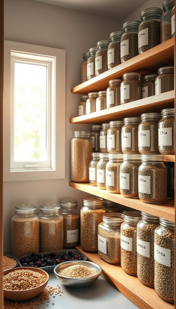 A well-stocked pantry filled with glass jars of chia seeds, neatly arranged on wooden shelves. Soft natural light filters through a nearby window, casting a warm glow on the jars. The jars have clear labels, displaying the chia seeds within. Surrounding the jars are complementary ingredients like flaxseeds, quinoa, and dried berries, creating a cohesive, organized vegan pantry. The overall atmosphere is clean, minimalist, and inviting, highlighting the nutritious nature of the chia seeds and their role in a balanced, plant-based diet.