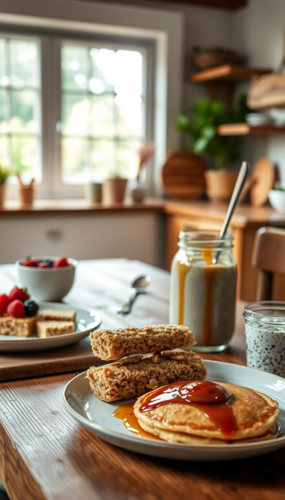Breakfast setting with a soft, warm lighting in a cozy, rustic kitchen. In the foreground, a wooden table is laid with a selection of vegan breakfast items - fluffy oatmeal bars, bite-sized porridge fingers, delicate pancakes, and a glass jar filled with creamy chia pudding. Fresh berries, nuts, and a drizzle of maple syrup add pops of color and texture. The middle ground features a partial view of a large window, letting in natural daylight and offering a glimpse of lush greenery outside. The background is gently blurred, creating a sense of depth and focus on the delectable vegan breakfast spread.