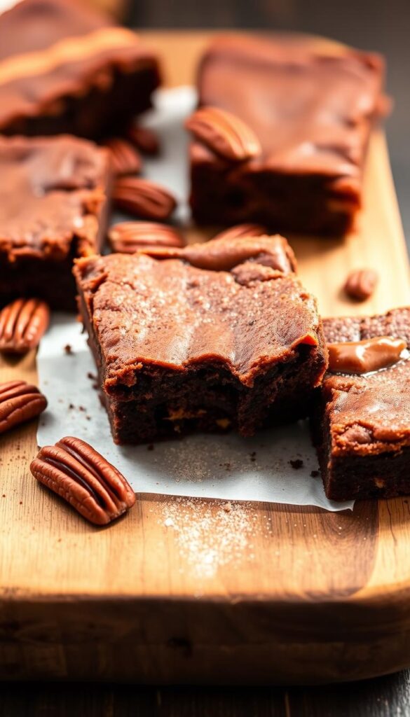 Delectable vegan paleo sweet potato brownies, fresh from the oven, with a rich, fudgy texture and a golden crust. The brownies are arranged on a rustic wooden board, accompanied by a scattering of pecan halves and a light dusting of cocoa powder. Soft, natural lighting casts a warm, inviting glow, highlighting the earthy hues of the sweet potatoes and the deep, comforting chocolate tones. The scene exudes a sense of nourishing indulgence, perfectly capturing the essence of a satisfying vegan paleo dessert without refined sugar.